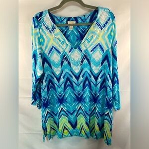 Chicos blue and green patter tunic top. With neckline embellishments,  size 1
